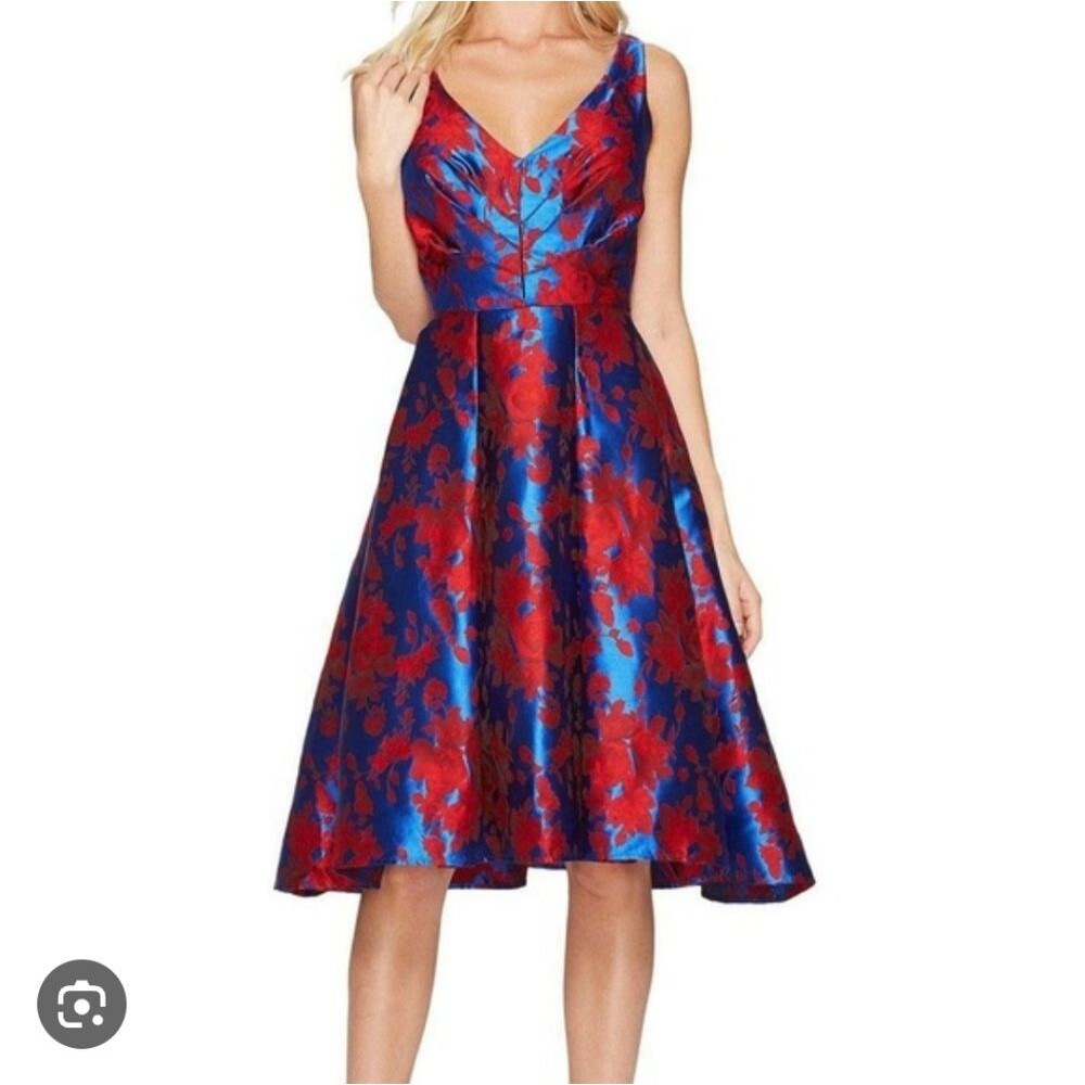 Eva Franco Anaya Floral Halter Full Skirt Metallic V-Neck Dress Women's Size 4